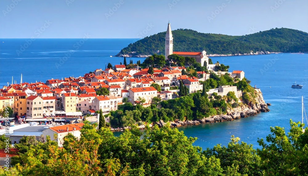 Obraz premium Coastal town nestled on a hill overlooking a vibrant blue sea