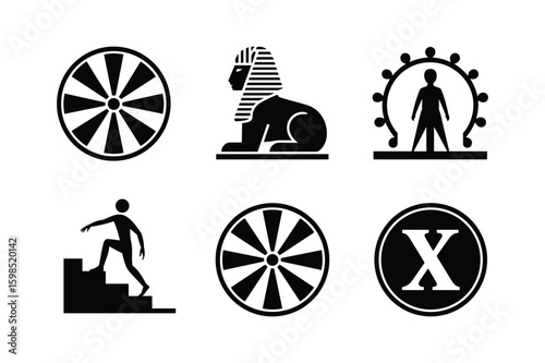 Black silhouette icons of a sphinx a Ferris wheel a person climbing stairs and letter X