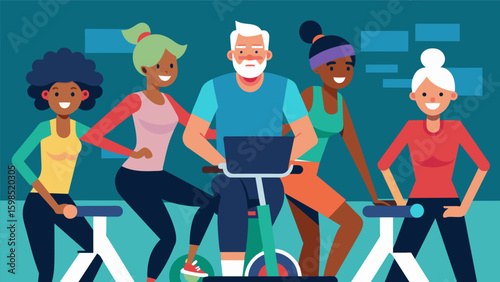 A diverse group of individuals of all ages and fitness levels coming together in a virtual spin class.. Vector illustration