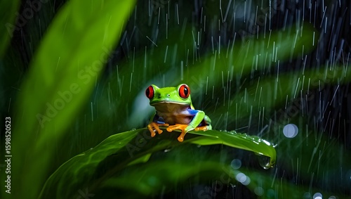 Red eyed tree frog in rainforest during rain wildlife amphibian nature photography