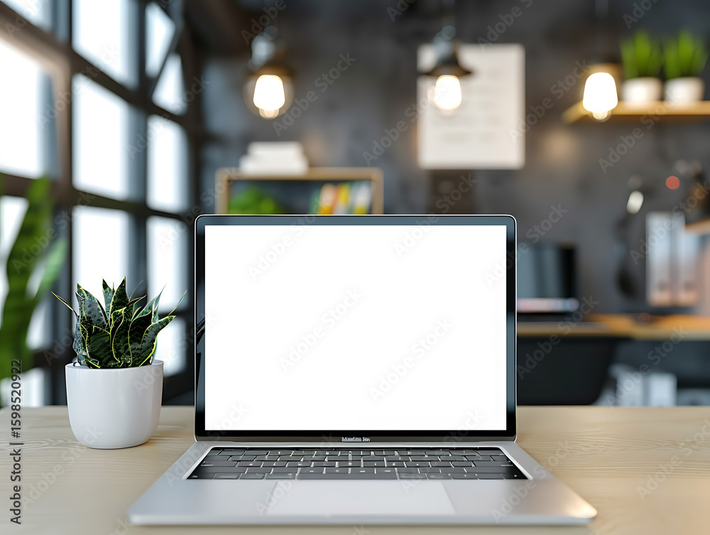 Fototapeta premium Laptop with a blank white screen on a wooden desk next to a potted plant in a modern office