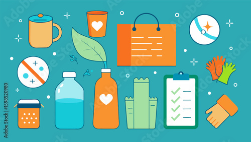 A list of everyday actions that can be taken to reduce waste and conserve resources surrounded by doodles of reusable bags water bottles and cloth. Vector illustration