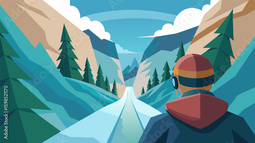 A firstperson view of a snowboarder navigating a realistic virtual mountain terrain complete with rugged cliffs and dense forests.. Vector illustration