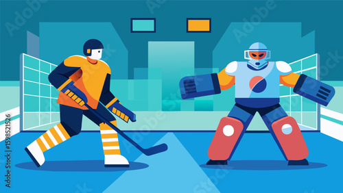 A goalie in full gear facing off against a virtual player in a oneonone shootout situation.. Vector illustration