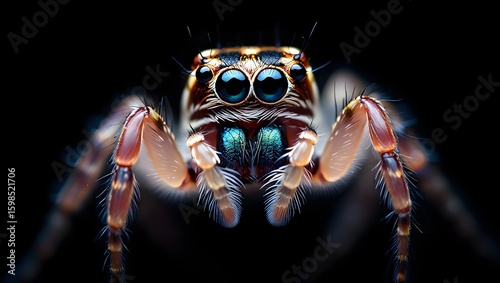 Close up macro photography of a jumping spider arachnid with big eyes on black background