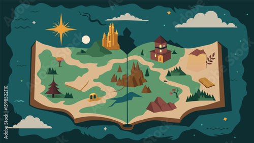 A detailed map of a wizarding world complete with hidden passages and wizarding schools sketched into the pages of a mystical spellbook journal.. Vector illustration