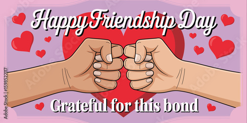 Friendship Day illustration with bumping fists in front of red heart and pink background, celebrating emotional connection and unity