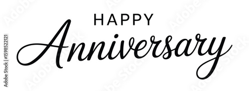 Minimalist anniversary design with bold “HAPPY” and cursive “Anniversary” text on white background, celebrating joy and meaningful connection