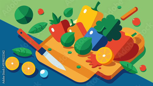 A closeup of colorful vegetables being chopped on a wooden ting board showcasing the theutic and stressrelieving effects of repetitive tasks.. Vector illustration