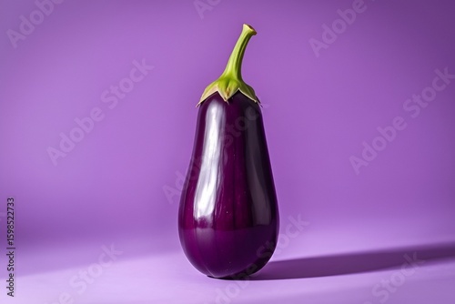 Centered Glossy Eggplant on Soft Purple Background with Minimalist Botanical Composition