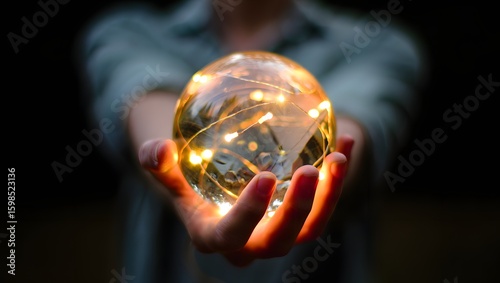 Person holding glowing crystal ball with fairy lights magic and future concept art