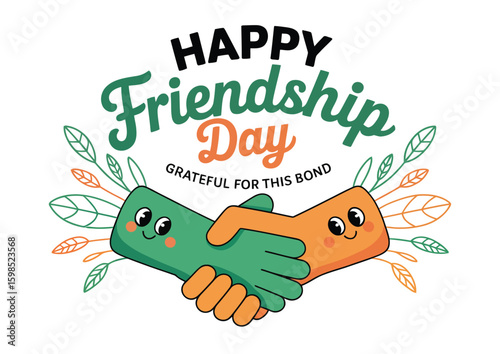 Friendship Day illustration with smiling cartoon hands shaking, playful background, and text celebrating joyful bonds and emotional connection