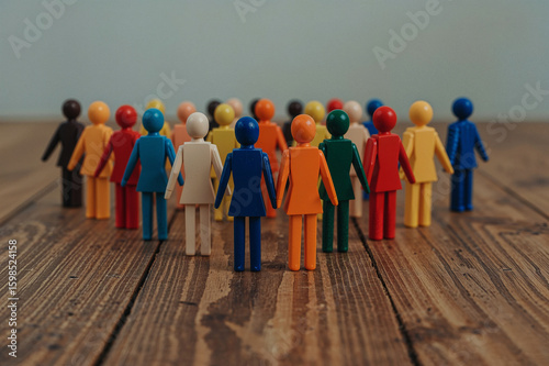 Diverse Group of Colorful Figurines Standing on Wood Surface, A Representation of Teamwork and Diversity Using Colorful Wooden Figurines