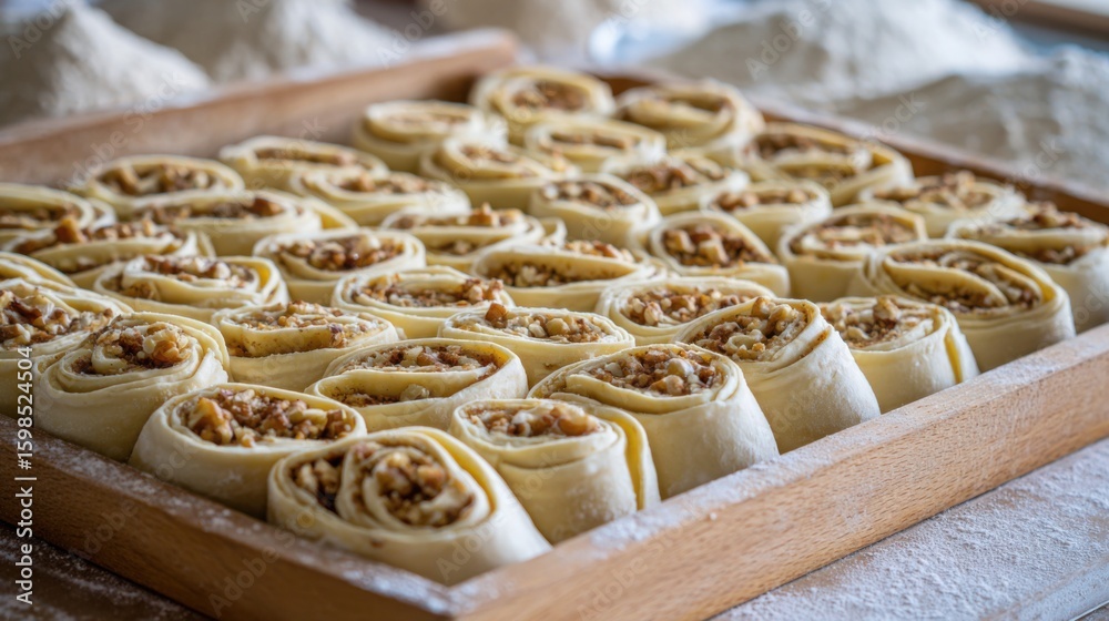 Naklejka premium tray full of rolled walnut pastries arranged in rows, ready for the oven, warm and rustic baking setup