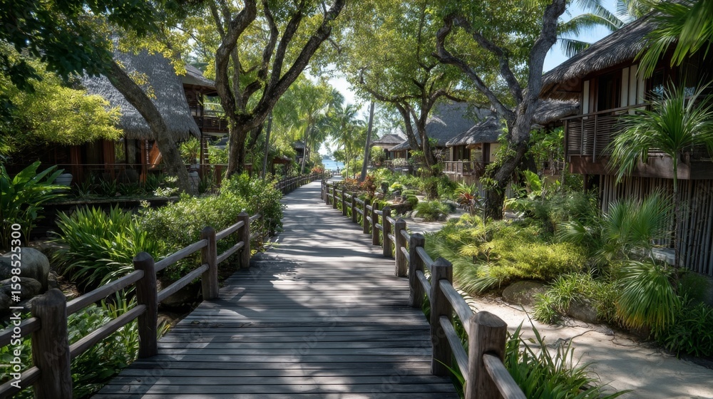 Obraz premium Wooden Walkway Through Tropical Beach Resort