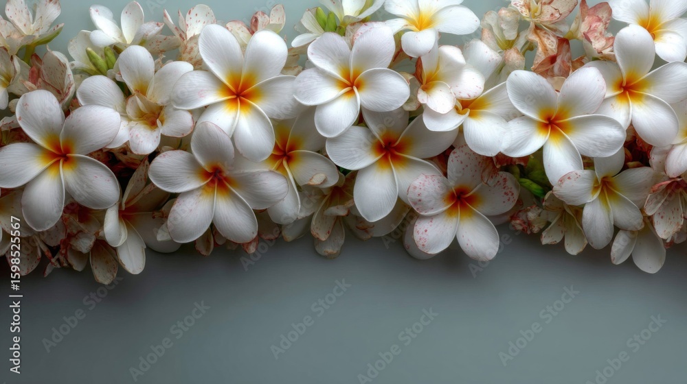Fototapeta premium White Plumeria Flowers on Soft Gray Background