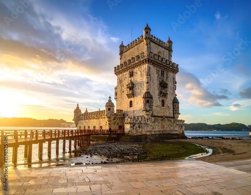 Ancient tower at sunset by water