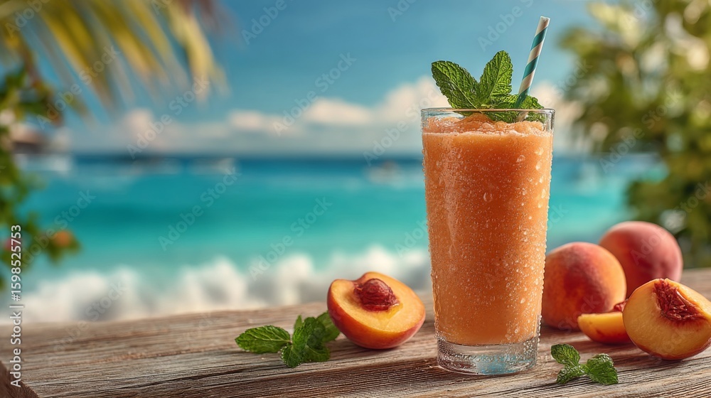 Obraz premium Peach Smoothie on Tropical Beach