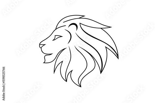 Line art lion head with flowing mane on profile outline