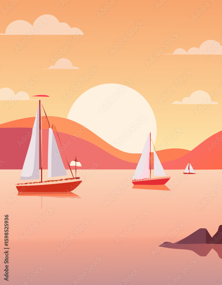 Naklejka premium Sailing Boats at Sunset - vector illustration
