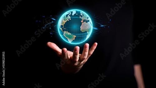 Global technology concept hand holding digital earth hologram future innovation