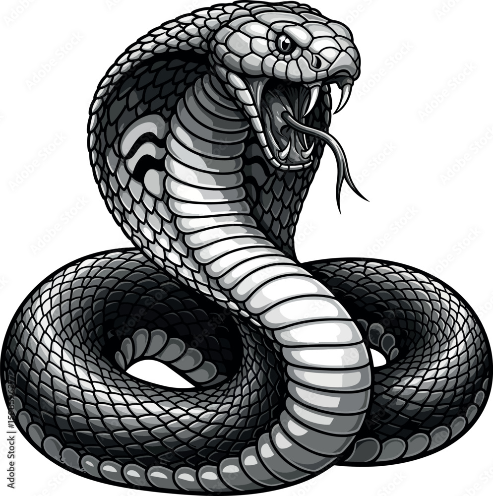 Fototapeta premium Cobra Snake Ready to Strike. Aggressive Coiled Serpent with Open Mouth and Fangs. Black and White Vector Illustration for Tattoo or Mascot.