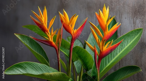 Vibrant Orange and Red Heliconia Flowers with Water Droplets