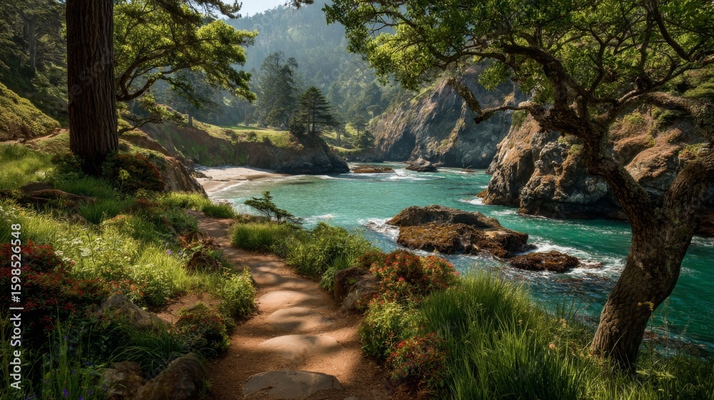 Fototapeta premium Coastal Path with Lush Greenery and Turquoise Ocean
