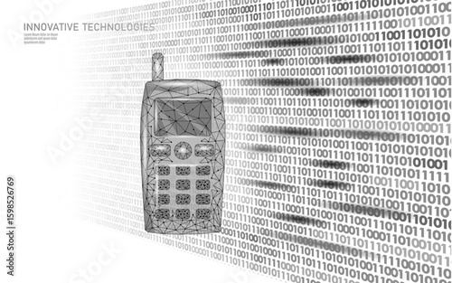 Old mobile cellular phone illustration. Retro telephone communication technology device lowpoly art. Telecommunications gadget electronics design business. Polygonal wireframe grey white vector