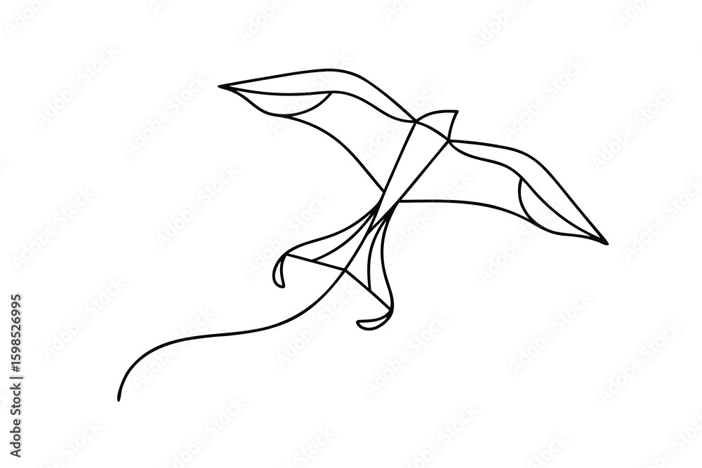Fototapeta premium Single line drawing a bird shaped kite with a flowing tail flying string