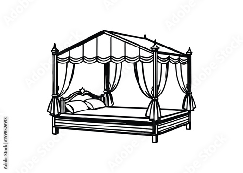 Silhouette of canopy bed isolated on a white background