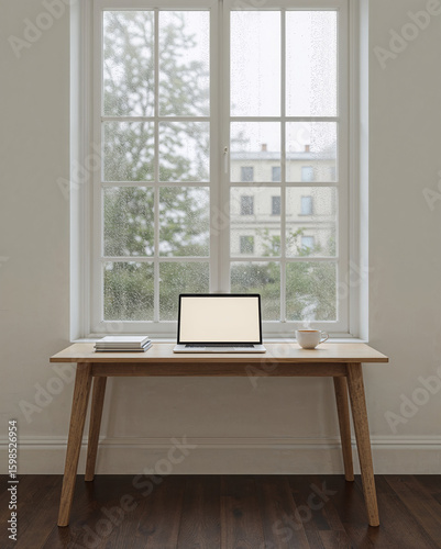 Home Office Concept for Students. Minimalist Table with Rainy Season Window View