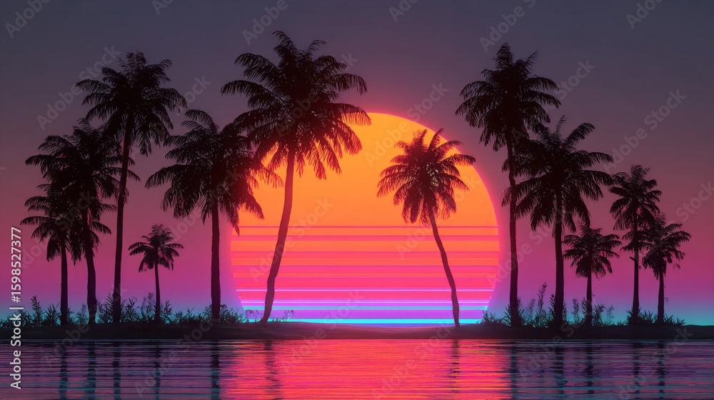 Obraz premium Pixel Art Retro Sunset Over Tropical Island