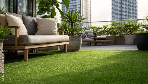 Modern Terrace with Artificial Grass and Furniture in Urban Setting – Relaxing Green Roof for Outdoor Living
