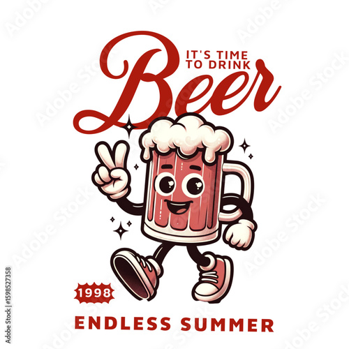 Beer Time: A cheerful cartoon beer mug character, with a vibrant personality, joyfully strides forward with a peace gesture.