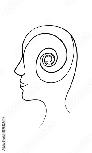 Abstract human head profile with swirling spiral inside line art vector