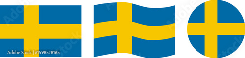 Swedish flag presented in different styles, standard rectangular flag, a dynamic wavy flag suggesting movement and a circular emblem
