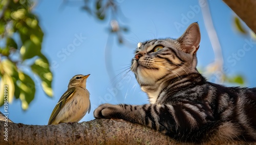 Cat watching bird on a tree branch cute animal photography wildlife nature scene outdoors