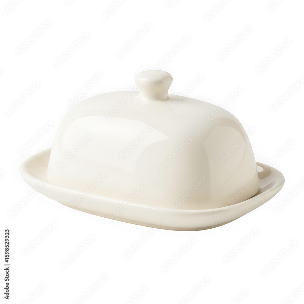 Fototapeta premium Classic white ceramic butter dish with lid and tray isolated on transparent background