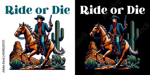 Ride or Die: A stylized illustration depicts a cowboy riding a horse through a desert landscape, symbolizing unwavering commitment.