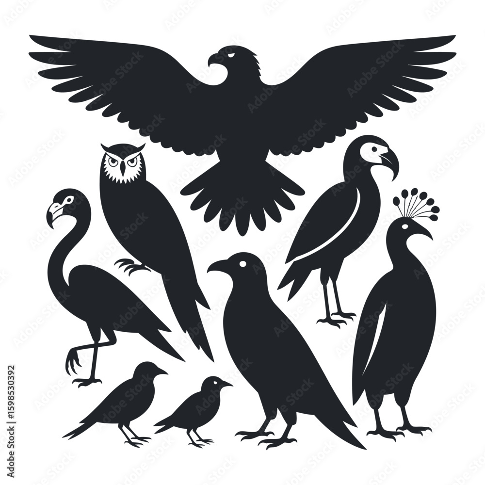 Fototapeta premium A Symphony of Birds A Collection Featuring Eagles Owls Flamingos and More Showcasing the Beauty and Diversity of Avian Life in Flight and Stillness Silhouette Art