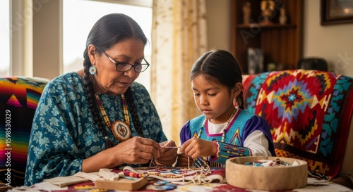 Native American Grandmother Teaching Beadwork to Granddaughter