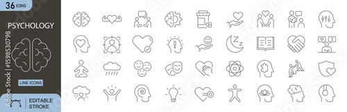 Psychology icons set. Includes icons for brain, emotion, mental health, behavior, counseling, therapy, cognition, and human mind. Line icons. Perfect for infographics.
