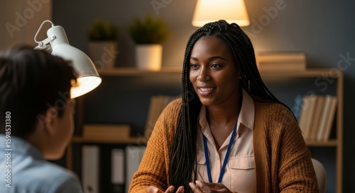 Candid half-body shot of a 35-year-old Black social worker with long braids, counseling a young client in a cozy office with warm lamplight and blurred bookshelves.