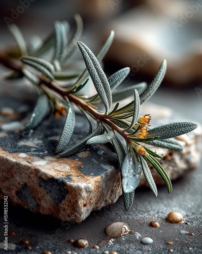 Closeup of Fresh Rosemary with Yellow Flowers on Textured Stone Surface
