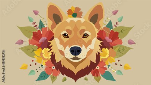 A detailed collage made from a variety of delicate flower petals arranged to create a lifelike portrait of a beloved animal.. Vector illustration
