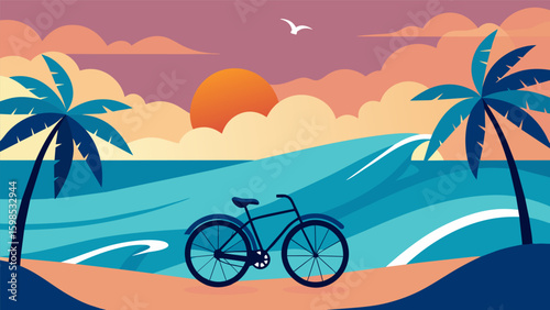 A beachside ride complete with crashing waves and palm trees swaying in the breeze creates a sense of tranquility for the cyclist.. Vector illustration