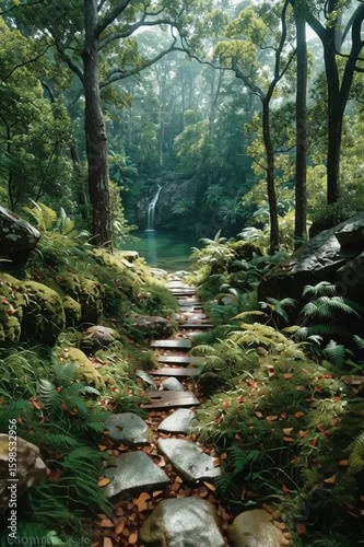 Rainforest Pathway Leading to Waterfall through Dense Green Jungle