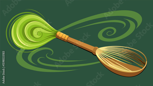 A handwoven bamboo tea whisk delicately stirs the rich green tea creating a mesmerizing swirl.. Vector illustration