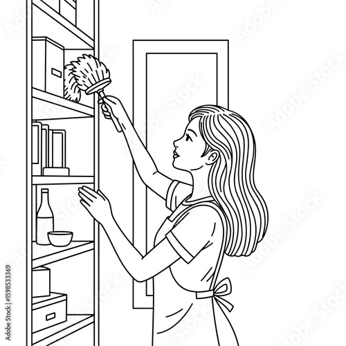 Woman dusting shelves with a duster in a modern kitchen